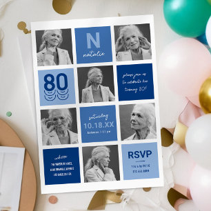 Invitation Collage de photos bleues 80e anniversaire
