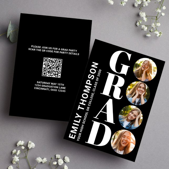 Invitation Collage de photos noir et blanc (Graduate "GRAD" typography photo collage invitation announcement. )