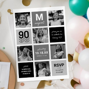 Invitation Collage de photos noir et blanc 90e anniversaire
