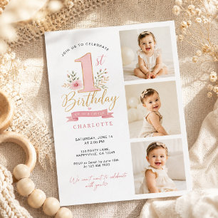 Invitation Collage de photos vertical moderne pour le 1er ann