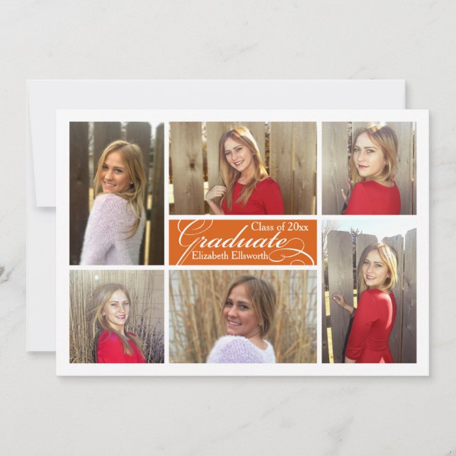 Invitation Collage Orange 6-Photo Graduation personnalisée (Devant)