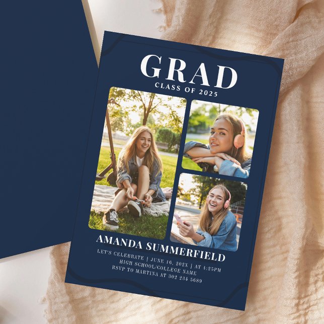 Invitation Collage photo de 3e année Marine Blue Graduation P (Grad 3 Photo Collage Navy Blue Graduation Party Invitation)