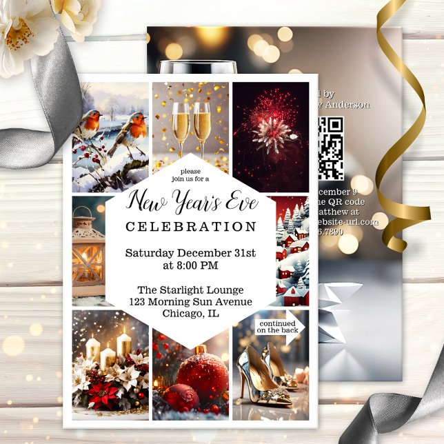 Invitation Collage photo de fête du Nouvel An (A festive New Year's Eve party invitation featuring your custom photos on a grid - with QR code)