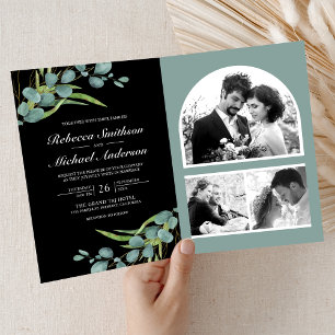 Invitation Collage photo eucalyptus code QR mariage noir