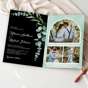 Invitation Collage photo eucalyptus code QR mariage noir