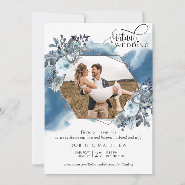 Invitation Collage photo, Mariage virtuel bleu géométrique (Devant)