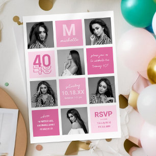 Invitation Collage Photo Moderne Rose 40 Ans Anniversaire