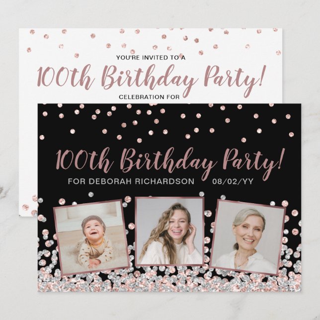 Invitation Collage photo rose Gold Silver 100e anniversaire (Devant / Derrière)