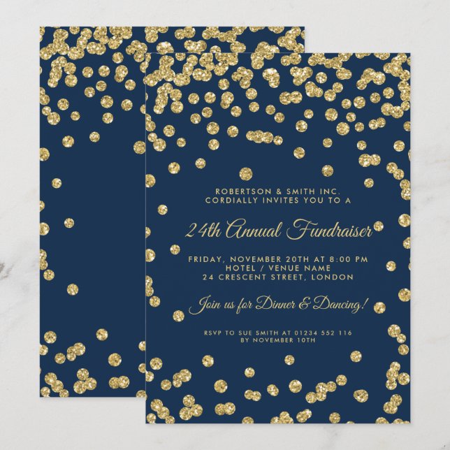 Invitation Collecte de fonds pour le dîner Gold Confetti Navy (Devant / Derrière)