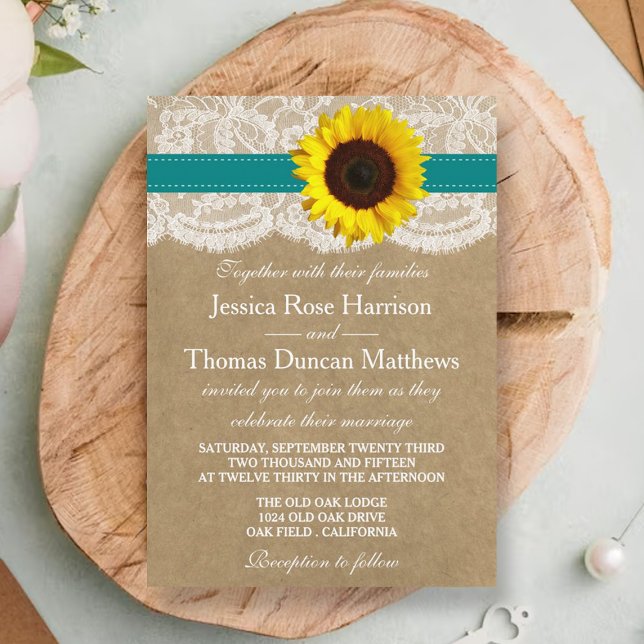 Invitation Collection Kraft, dentelle et tournesol - Turquois (Créateur téléchargé)