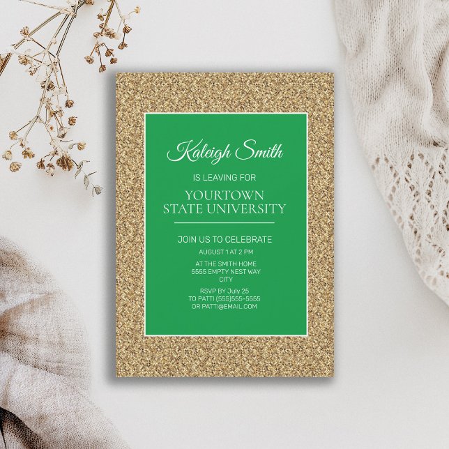 Invitation College Trunk Party Elegant Gold Parties scintilla (Green and gold glitter graduation trunk party invitation)