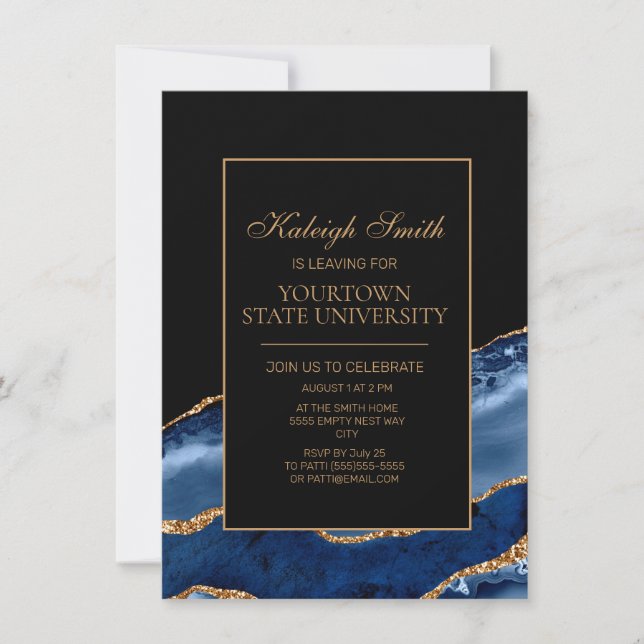 Invitation College Trunk Party Elégant Marine Marbre noir ble (Devant)