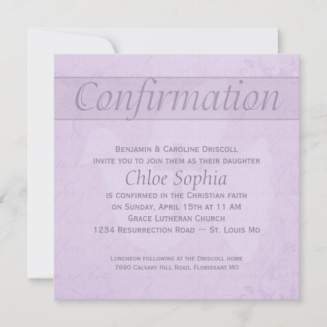 Invitation Colombe de Saint-Esprit de confirmation et lilas (Devant)