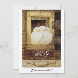 Invitation Colombes blanches à la fenêtre monogramme, jaune m