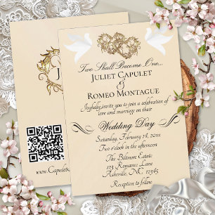 Invitation Colombes, Cœurs, Code QR - Peach Pearl/Or