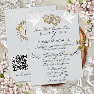 Invitation Colombes, Cœurs, Code QR - Perle Argent/Or