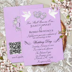 Invitation Colombes, Cœurs, Code QR - Perle Lavande/Argent