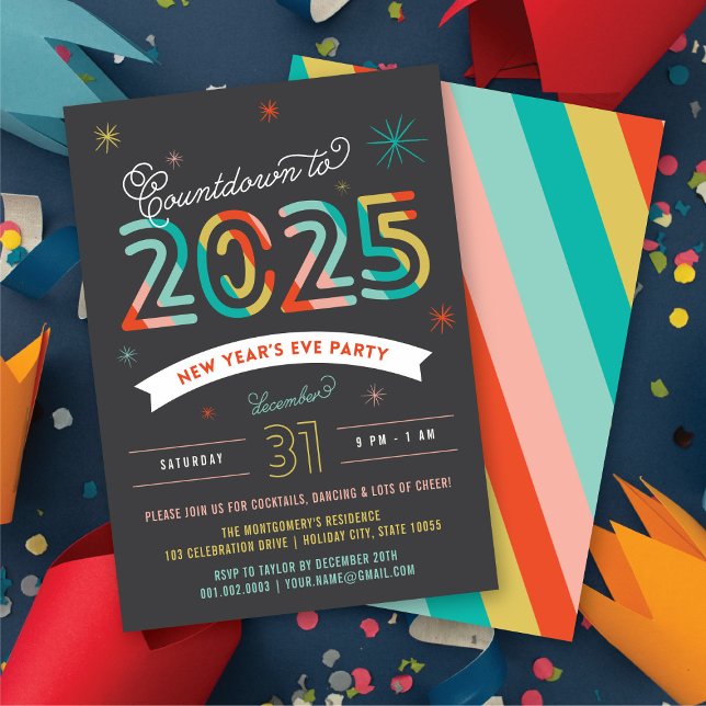 Invitation Coloré 2025 Soirée de la Saint Sylvestre Fête mode (Colorful 2025 New Year's Eve Modern Holiday Party Invitation @ fat_fa_tin)