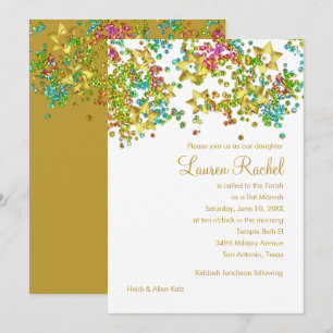 Invitation Coloré Bat mitzvah Gold Star Glittery Confetti