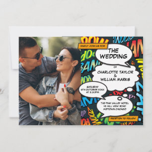 Invitation Coloré Comic Book Modern Fun Photo Mariage