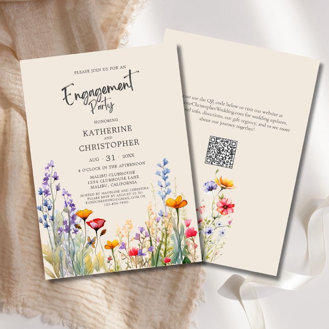 Invitation Coloré Fleur sauvage Engagement Party Élégant Beig (Wedding Engagement Party Invitation with colorful jewel tone wildflowers in purple, red, orange.)