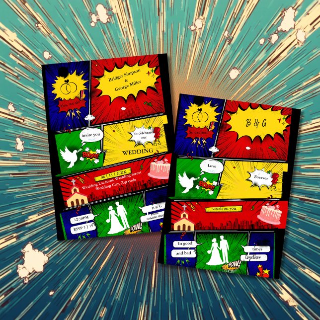 Invitation coloré moderne amusant rétro comic histoire mariag (Créateur téléchargé)