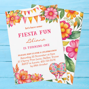 Invitation Coloré rose floral mexicain Fiesta 1er anniversair