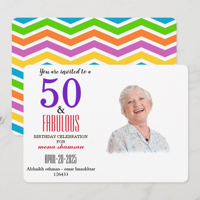 Invitation colorée 50 ans & Fabuleuse (Devant / Derrière)