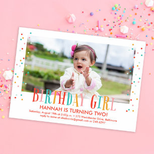 Invitation Colorée Confetti Girl Photo Anniversaire