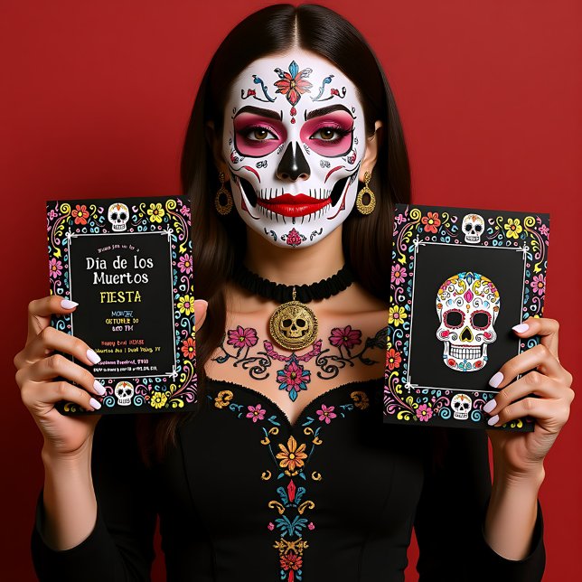 Invitation 💀 🎉 Colorée Día de Muertos (💀🎉 Colorful Día de Muertos Party Invitation - front and back)