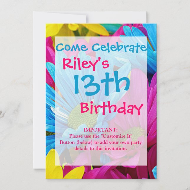 Invitation Colorée Rose Turquoise Bleu  Gerber Fleurs (Devant)