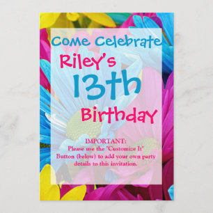 Invitation Colorée Rose Turquoise Bleu  Gerber Fleurs