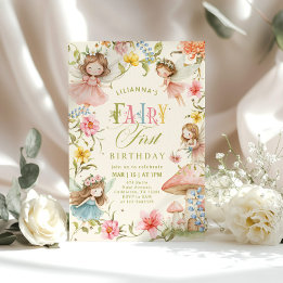 Invitation Colorful Fairy First Birthday Enchanted garden