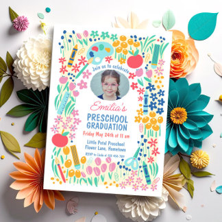 Invitation Colorful Floral Photo Preschool Graduation