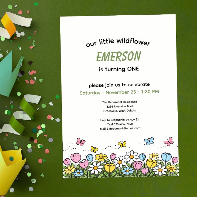 Invitation Colorful Funny Little Wildflower 1st Birthday  (Créateur téléchargé)
