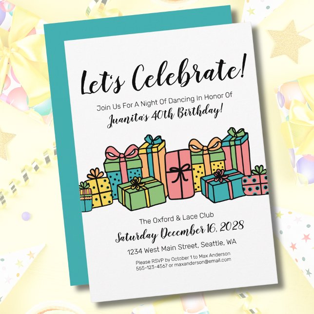 Invitation Colorful Joyeux 40ème anniversaire fête (Cute Fun Presents Colorful Happy Birthday Party Invitation)