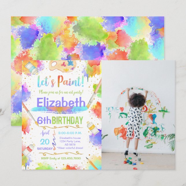 Invitation Colorful Paint Art Anniversaire Photo (Devant / Derrière)