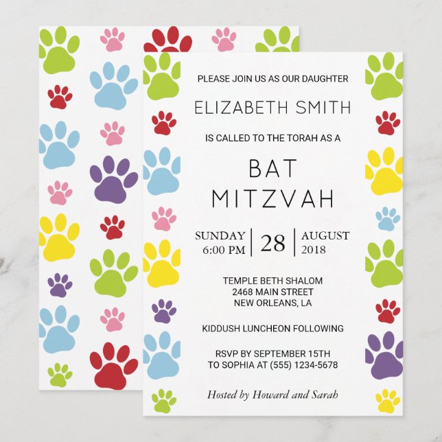 Invitation Colorful Paws, Paw Pattern, Dog Paws, Bat Mitzvah (Devant / Derrière)