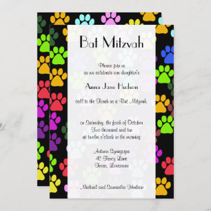 Invitation Colorful Paws, Paw Pattern, Dog Paws, Bat Mitzvah