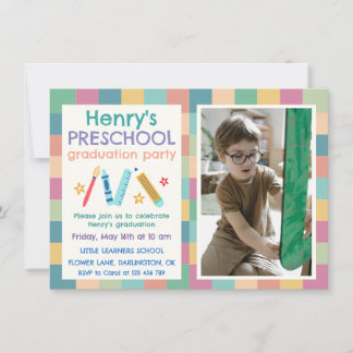Invitation Colorful Squares Photo Preschool Graduation