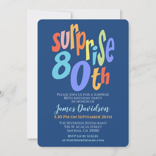 Invitation Colorful Surprise 80e anniversaire fête moderne (Devant)