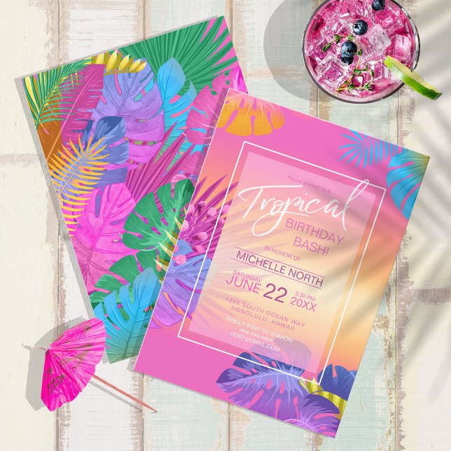 Invitation Colorful Tropical Feuilles Sunset Birthday ID575 (Front/Back In Situ)