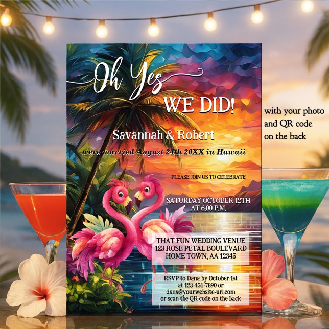 Invitation Colorful Tropical Flamingo Wedding Reception Photo (Elopement wedding reception invitation featuring a fun tropical sunset scene with two flamingos)