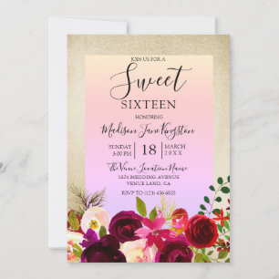 Invitation Colorful Tropical Gold Bourgogne Flower Sweet 16