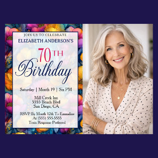 Invitation Colorful Vibrant Poppy Flower 70th Birthday Photo
