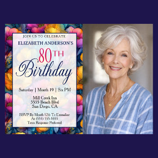 Invitation Colorful Vibrant Poppy Flower 80th Birthday Photo