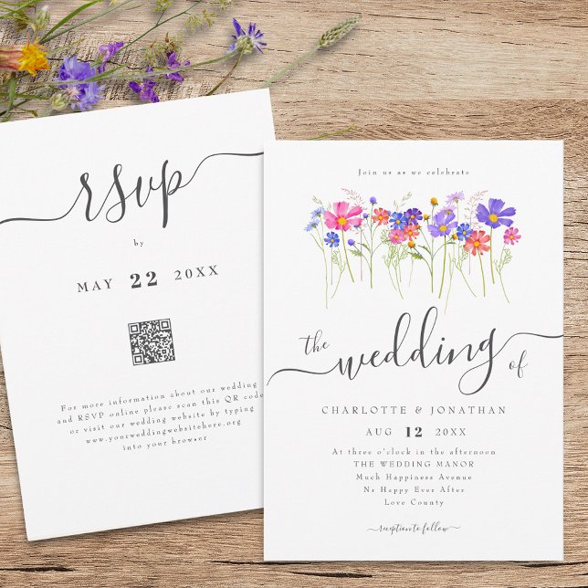 Invitation Colorful Wildflower Boho Wedding QR code (Colorful vibrant wildflower boho wedding qr code invitation Elegant whimsical script meadow flowers)