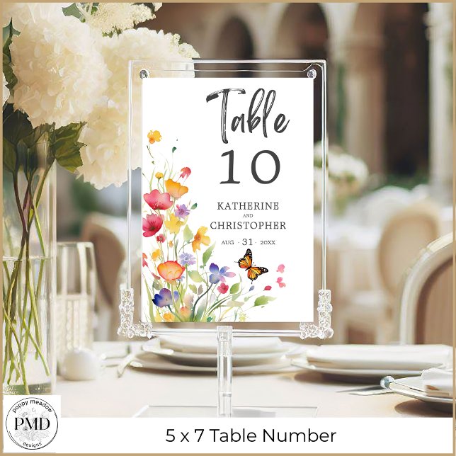 Invitation Colorful Wildflowers Elegant Wedding Table Number (Colorful Wildflowers Elegant Wedding Table Number 5x7 with Optional Guest Names on Back.)