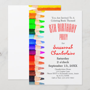 Invitation Coloring Theme Rainbow Pencils Kids Birthday Party