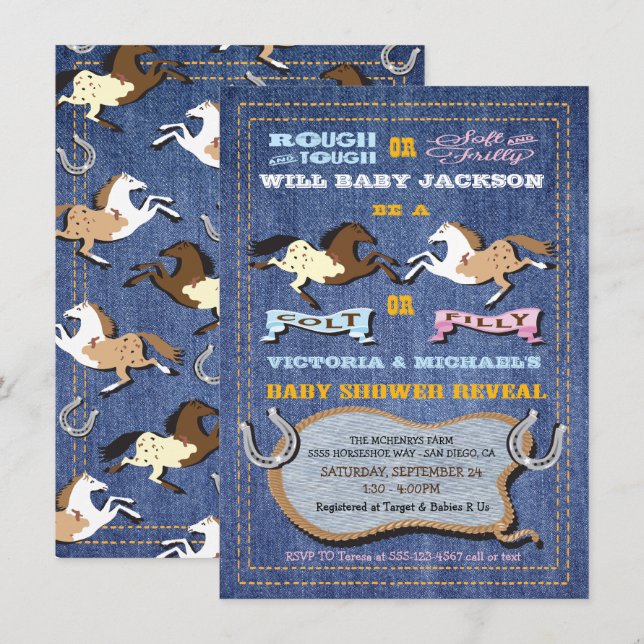 Invitation Colt occidental ou Baby shower de révélation de ge (Devant / Derrière)
